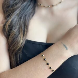 Pulseira Cristal Pedra Preta Dourado