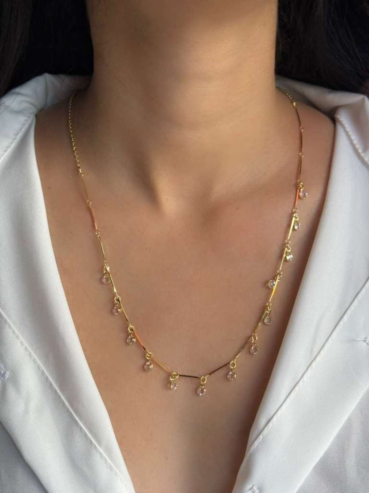 Colar longo Palitos Cristais Pendurados Dourado - Imagem 2